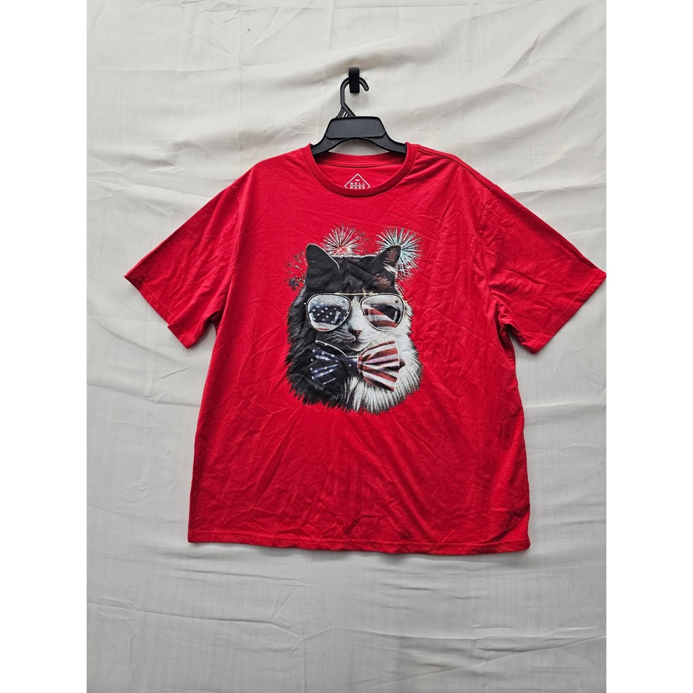Well Worn Mens Patriotic Cat Graphic T-Shirt Red Cotton Blend Casual Size XL
